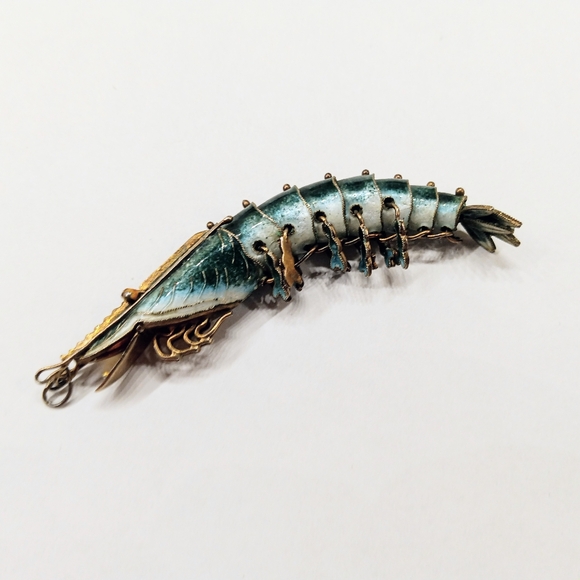 Vintage Jewelry - Antique RARE Silver Guilloche Enamel Articulated Shrimp Prawn Pendant